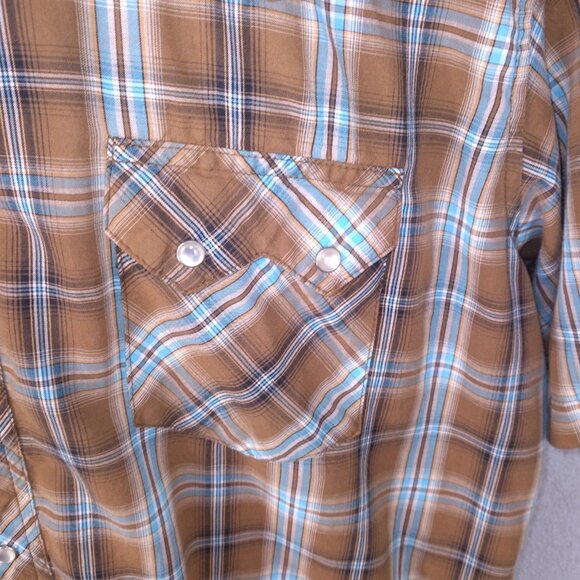 Wrangler Men’s Western XXL Snap Shirt Brown Blue Plaid Pearl Snap Short Sleeve - Picture 5 of 15